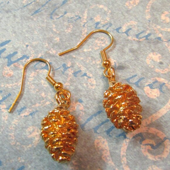 Gold Dipped Mini REAL Vintage Pinecone Charm Necklace and Earrings Set - Picture 2 of 7